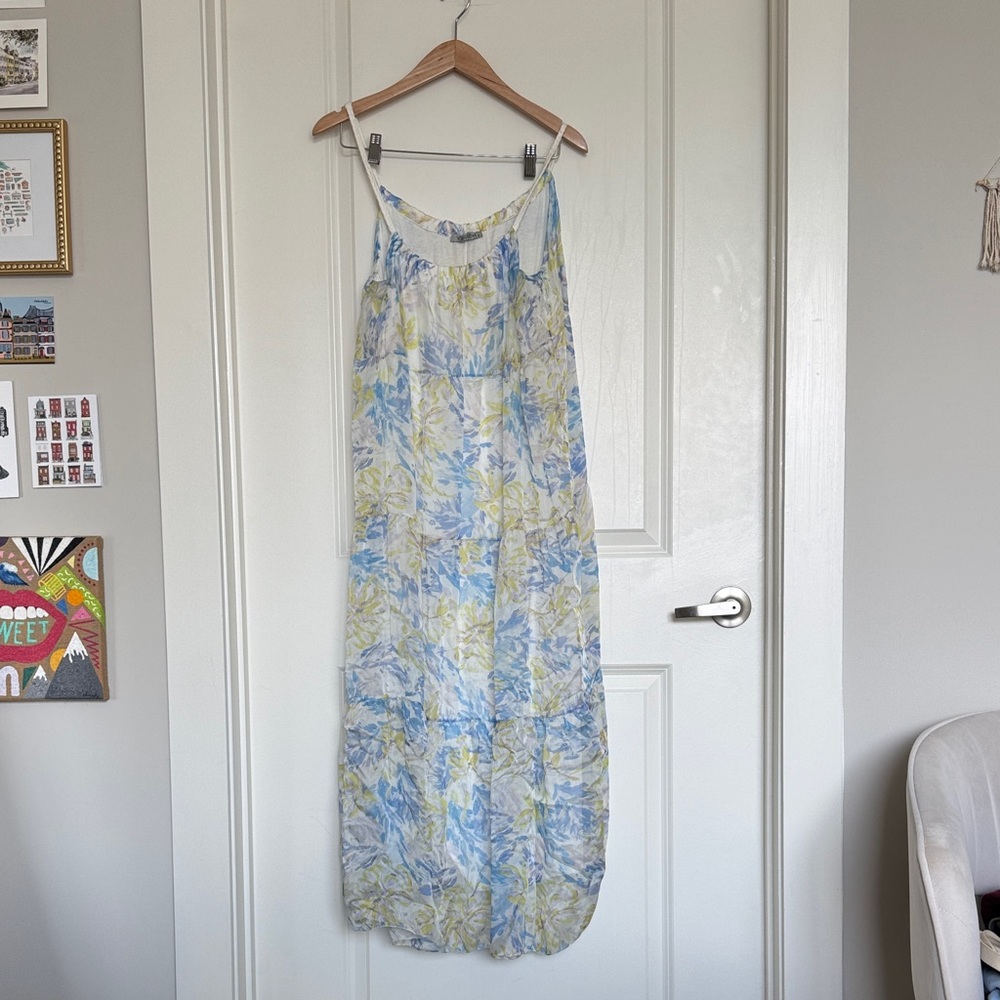 Women's Blue and Yellow Floral Maxi Dress with Spaghetti Straps